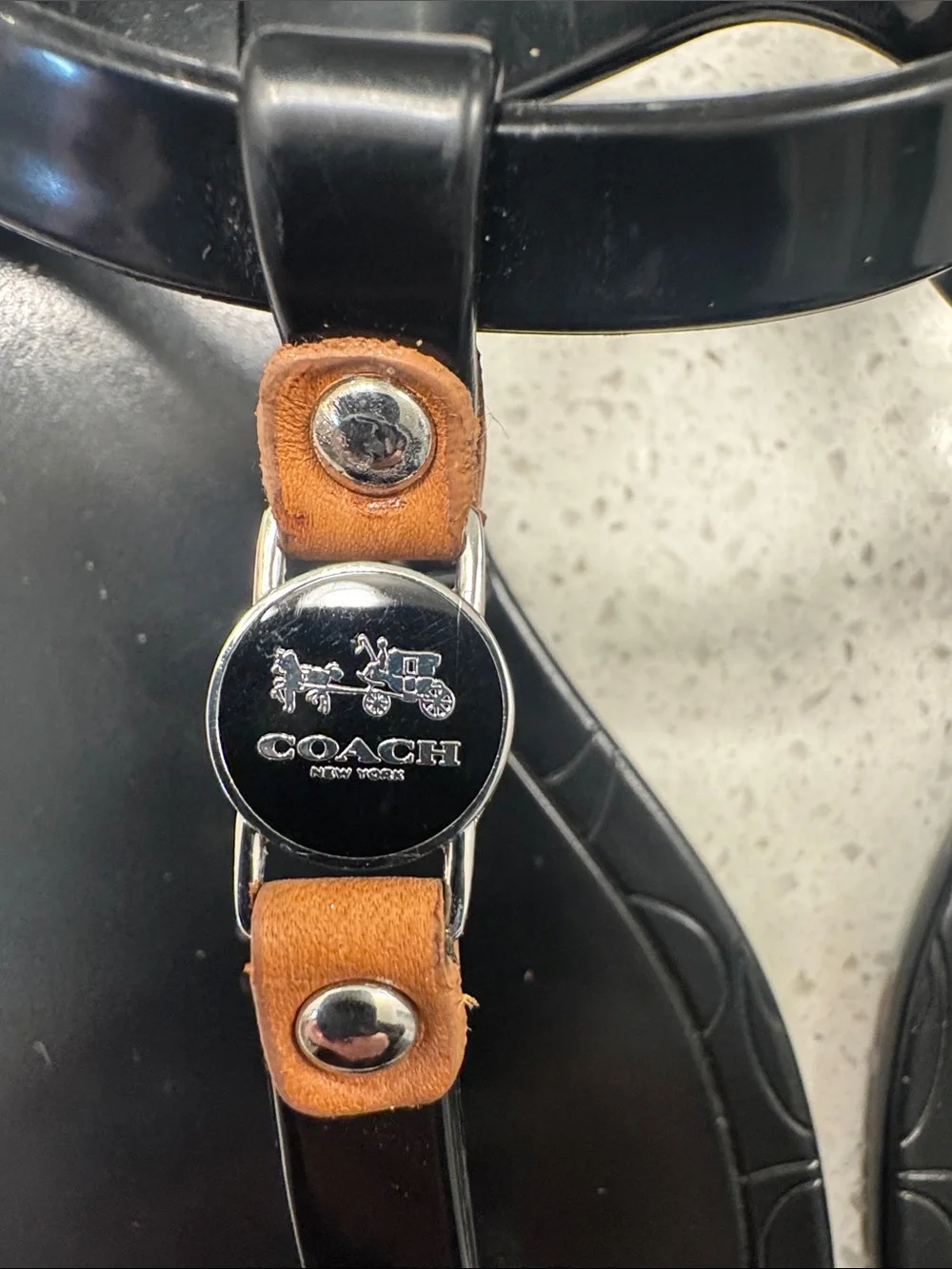 Coach Black T-Strap Jelly Sandals with Tan Accents size 37